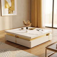 Table basse carrée moderne de luxe en pierre frittée avec piètement en acier inoxydable doré, tables de salon avec rangement pour le thé