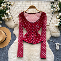 Chemisier d'été à pois pour femme, coupe ajustée, manches longues, boutonné, style peplum, idéal pour le bureau