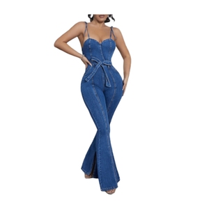 Mono vaquero casual sexy con tirantes finos, sin mangas, espalda descubierta y abertura ancha, de corte recto, para mujer, a la moda. - Product Image 1