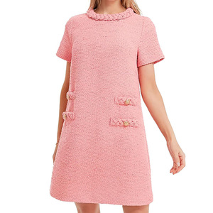 Elegante <span class=keywords><strong>Abito</strong></span> Estivo in <span class=keywords><strong>Tweed</strong></span> per Donna, Collo Tondo, Maniche Corte, Dettagli con Bottoni, Aderente, Lunghezza al Ginocchio, per Ufficio e Casual - Product Image 3