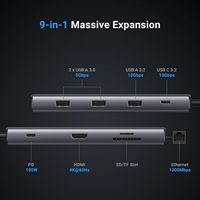UGREEN Revodok Pro 109 USB-C Hub 10Gbps USB 3.1 4K für 100W PD 9 Anschlüsse SD/TF-Leser Gigabit Ethernet für MacBook Pro/Air iPhone