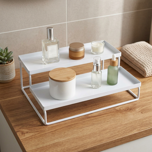 Estante de Almacenamiento Metálico de Dos Niveles, Rectangular, Minimalista, Organizador de Baño Apilable, Superficie Blanca - Product Image 3