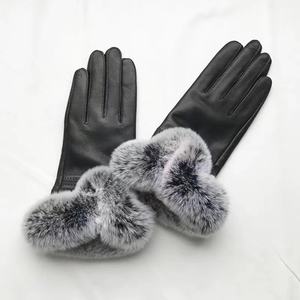 Usine vente en gros dames mode gants en cuir véritable avec poignets en <span class=keywords><strong>fourrure</strong></span> pour l'automne et l'hiver chaud lapin <span class=keywords><strong>fourrure</strong></span> mitaines femmes - Product Image 5