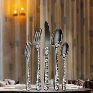Thanh lịch nổi dao kéo-Bộ <span class=keywords><strong>6</strong></span> màu đen hoa thép không gỉ bít tết dao Flatware <span class=keywords><strong>Set</strong></span> với gương đánh bóng bạc - Product Image 6