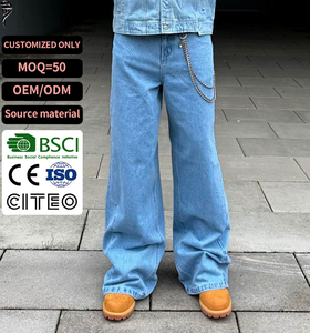 Pantalones Vaqueros Anchos de Mezclilla Lavada a la Piedra, Cintura Alta, Corte Holgado, Estilo Urbano, Jeans para Hombre con Decoración de Cadena, OEM ODM - Product Image 1