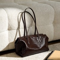 Sac Boston en cuir gaufré crocodile pour femme, sac à main à poignée supérieure, style minimaliste coréen pour les trajets quotidiens