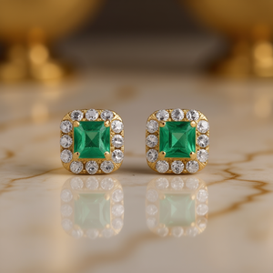 Orecchini a lobo con smeraldo in oro rosa, oro massiccio 18 carati, alone di diamanti rotondi, classici geometrici, da donna per tutti i giorni - Product Image 2