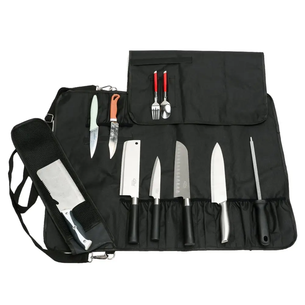 Chef Knife Cases Cutlery Knife Pouch Holders With Slots & Zipper Pockets Hold Home Kitchen Tools Carrier Knife Roll Bag