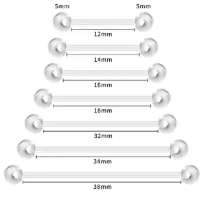 NUORO 10PCS 14G 12-38mm 투명 아크릴 피어싱 리테이너 유연한 혀 반지 Bioflex 플라스틱 젖꼭지 바벨 산업 귀걸이