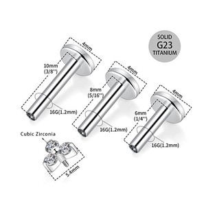 G23 <b>Titanium</b> Tri Zircon Lip Stud Earrings 1.2x6mm 1.2x8mm 1.2x10mm Flower Shape Piercing Jewelry For Ear Cartilage - Product Image 2