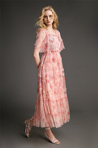 Vestido Maxi de Verano <span class=keywords><strong>2022</strong></span> para Mujer, Elegante, Rosa, con Volantes, Estampado Floral, Malla - Product Image 3