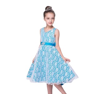 Vestido de encaje para niña, cuello en V, sin mangas, azul, con flores, para fiesta de cumpleaños - Product Image 4