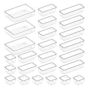 25 Pcs Transparent Clear Plastic Storage Tray Bins Makeup Jewelries Kitchen Utensils Drawer Organizers