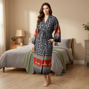 Al por mayor ODM Túnicas Kimono de Nylon Ecológicas Casuales Bohemias con Cuello en V, Motivo de Ciervo, Largas hasta el Suelo, Prendas de Abrigo para Uso Diario con Botones Estampados - Product Image 6