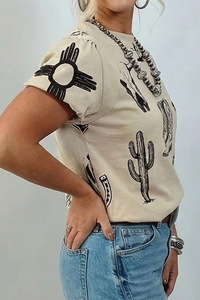 Camiseta de <span class=keywords><strong>mujer</strong></span> nueva estilo vintage vaquero con estampado de herradura, calavera de toro y cactus, de manga corta, holgada, informal, gráfica, para verano - Product Image 6