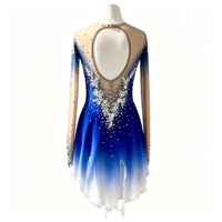 Robe de patinage artistique dégradé bleu et blanc, manches longues en maille, dos ouvert, ornée de strass, jupe asymétrique pour la compétition