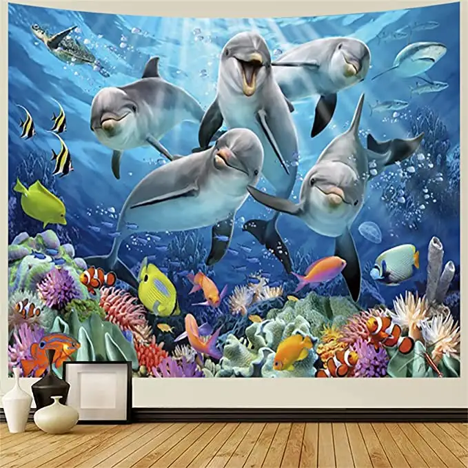 Bedroom Living Room Dorm Decoration Digital Printed 100D Polyester Cute Ocean Dolphin Tapestry