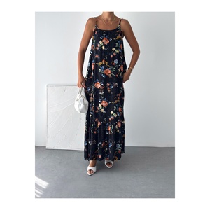Women's Black Floral Strappy Viscose Maxi Dress With Side Pockets Casual <b>Long</b> Dress - Product Image 1
