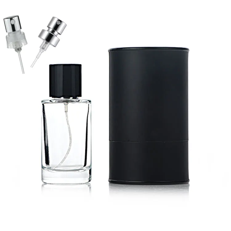 Luxury High Quality 50ml Empty Transparent Cylinder Perfume Bottle With Premium Black Box Packaging