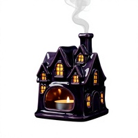 Décoration de maison en céramique d'Halloween en gros avec bougie ou lumière LED, maison hantée en céramique, décoration de table d'Halloween