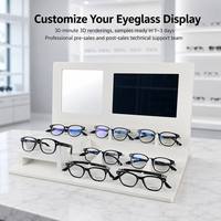 Présentoir à lunettes multi-niveaux en acrylique blanc avec miroir intégré, écran numérique, zone d'affichage et éclairage alimenté pour comptoir