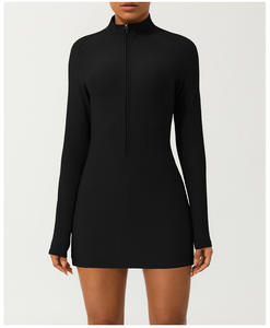 女式瑜伽一体式连衣裙健身锻炼性感罗纹拉链前长袖腹部控制紧身弹力上衣迷你连衣裙 - Product Image 5