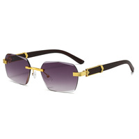 Lunettes de soleil rectangulaires sans monture pour femmes et hommes, style Y2K, branches effet bois, verres dégradés dorés, protection UV400, forme carrée étroite, rétro vintage streetwear