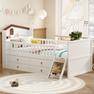 Modern Twin <b>Bed</b> <b>Frame</b> Storage 4 Drawers Solid <b>Pine</b> Wood Kids Platform Twin <b>Bed</b> Guardrail Headboard Ladder Bedroom Eco-Friendly - Product Image 1