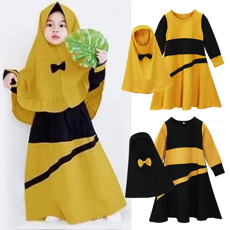 Trẻ Em Cô Gái 2 Mảnh Màu Khối Khimar Abaya Hijab Set Hồi Giáo Hồi Giáo Dresses Abaya Cho Cô Gái Nhỏ