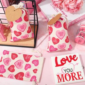 Sacs cadeaux en coton rose à cordon avec motif cœur pour la Saint-Valentin, sacs en coton avec cordon pour mariage, cadeaux de fête nuptiale, fournitures et décorations - Product Image 4