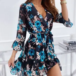 RNSHANGER verano cuello en V estampado Floral vestido de fiesta Casual mujer embarazada manga corta gasa A-Line playa Boho vestidos