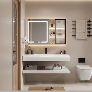 Juego de gabinete de lavabo de tocador de baño con espejo LED inteligente con almacenamiento de fregadero montado en la pared para muebles de apartamento de Hotel de Hogar Moderno - Product Image 2