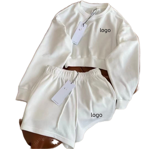 Ensemble 2 pièces pour femme en coton blanc : Haut tricoté à col rond et manches longues coupe ample et short décontracté, couleur unie, printemps-été - Product Image 1