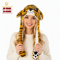 Chapeaux interactifs en peluche à oreilles mobiles imprimé tigre, avec logo personnalisé, accessoires cadeaux d'hiver en gros, en promotion
