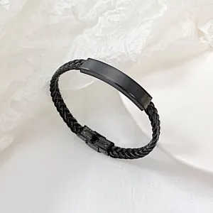 Fashionable Stainless Steel Woven Braided Bracelet Custom Engraved Logo Curved Plate PU Leather Braided Strap Bracelet For Men