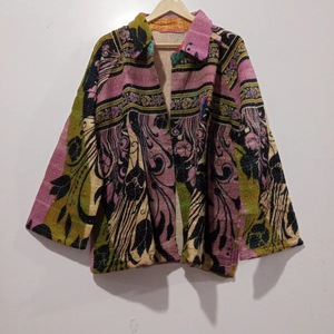 Handmade Kantha <b>Quilted</b> Cotton Jacket Long Sleeve Turn Collar Floral Bohemian Vintage Coat Free-Edge Button Autumn/Winter - Product Image 1
