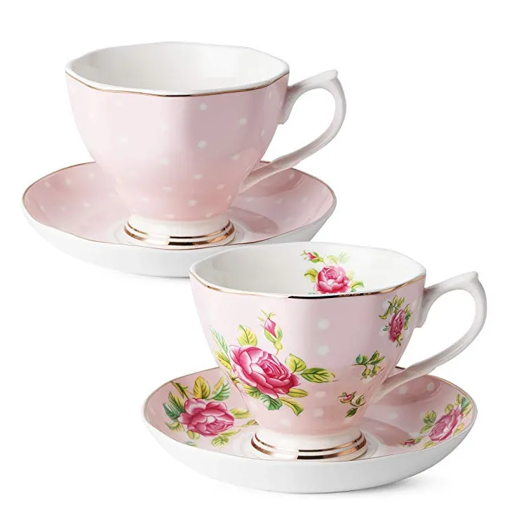 Taza de cerámica de hueso fino para café, té y platillo con patrón de flores, precio promocional de fábrica de Amazon, china