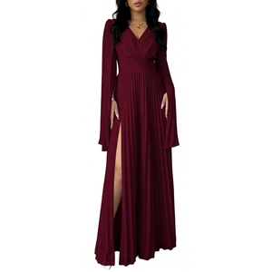 เดรสยาวทรงพลีทสำหรับผู้หญิง คอวี แขนยาว เอวสูง ทรงพลิ้วไหว ชุดราตรีออกงาน แฟชั่น - Product Image 4