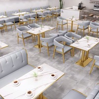 Conjunto de Muebles Modernos para Restaurante al por Mayor, Sofás Seccionales para Cafetería, Comida Rápida y Hotel, Juego de Mesas y Sillas de Comedor de Metal Dorado