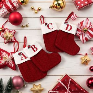 2026 New Arrival Red Polyester Knitted Christmas <b>Stocking</b> Embroidered <b>Letter</b> Xmas Tree Hanging Ornament Soft Cozy Cable Knit - Product Image 2