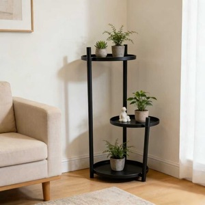 Support à plantes moderne minimaliste en fer forgé à trois niveaux, noir, sur pied, pour salon, balcon - Product Image 3