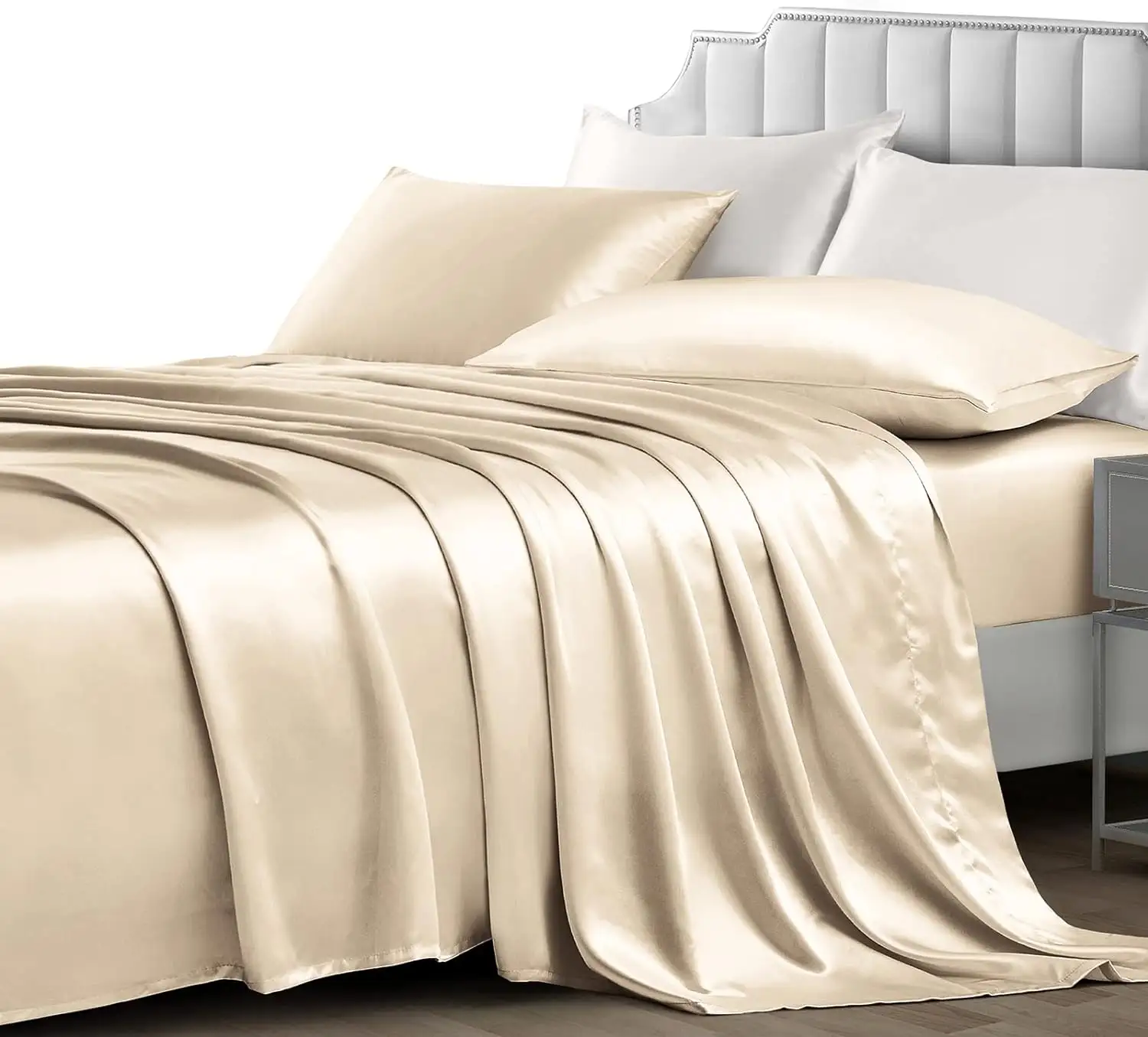 Silky Satin with 1 Fitted Sheet 1 Flat Sheet and 2 Pillowcases Cooling Satin Bedding Sheets