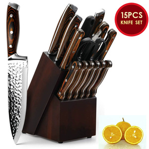 Juego de cuchillos de chef HORECA de 15 piezas, cuchillos de acero inoxidable 3CR13, mango de madera Pakkawood, bloque de almacenamiento de madera para cocina comercial. - Product Image 1