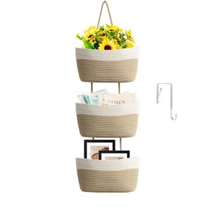 Support mural suspendu pour plantes, <span class=keywords><strong>grand</strong></span>, style bohème, en fer <span class=keywords><strong>tressé</strong></span> et rotin, avec crochets, pour plantes artificielles, idéal pour jacinthes et autres plantes. - Product Image 1