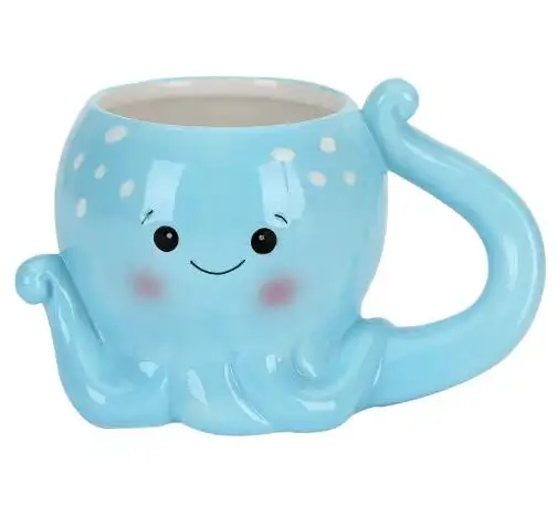 세라믹 동물 머그 귀여운 바다 동물 블루 문어 모양의 커피 머그 커피와 어린이를위한 손잡이