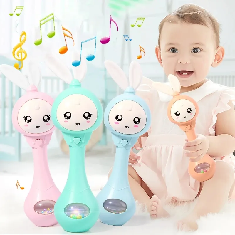 Baby Music Flashing Rattle Toys Rabbit Teether Hand Bells Mobile Infant Stop Weep Tear Rattles Newborn Early Educational Toy