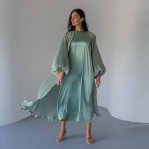 2023 Dubai Moslim Abaya Jurk Voor Vrouwen Mint Geplooid Set Mooie Handgemaakte Mint Geplooide Cape Met Binnenjurk En Hijab