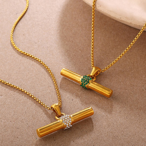Minimalist <b>T</b> Shape <b>Bar</b> Charm <b>Necklace</b> Shiny Zircon Decor Anti Tarnish Polished Stainless Steel Ladies Daily Accessories - Product Image 3