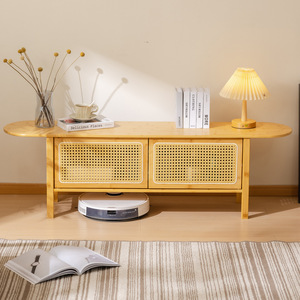 Bamboo And Rattan Woven TV <b>Cabinet</b> Double Door <b>Storage</b> Floor Standing For Living Room <b>Small</b> Apartment - Product Image 2