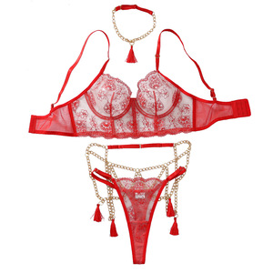 Ensemble quatre pièces <span class=keywords><strong>sexy</strong></span> pour femme <span class=keywords><strong>AliExpress</strong></span> : Lingerie brodée florale en maille avec chaîne métallique et pompons, taille fine, effet sculptant - Product Image 5